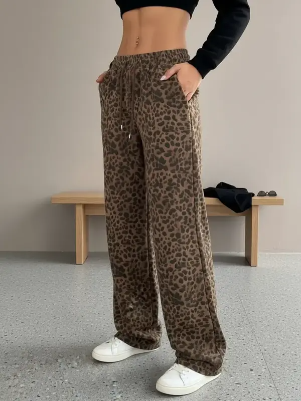 Women's Leopard Print Wide Leg Pants