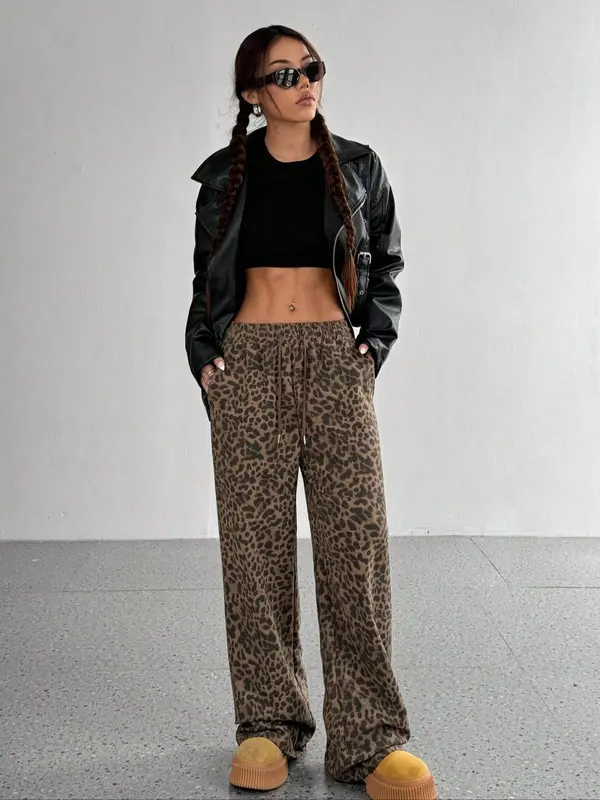 Women's Leopard Print Wide Leg Pants