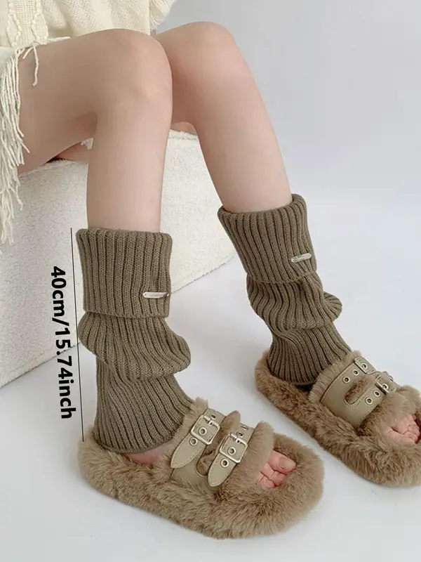 Women's Basic Solid Metal Label Decor Leg Warmers