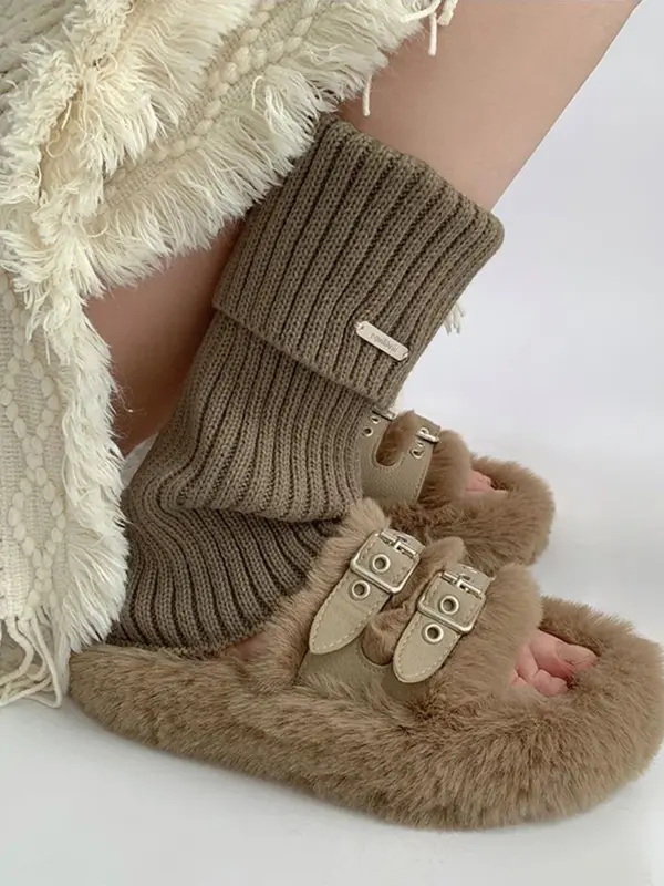 Women's Basic Solid Metal Label Decor Leg Warmers